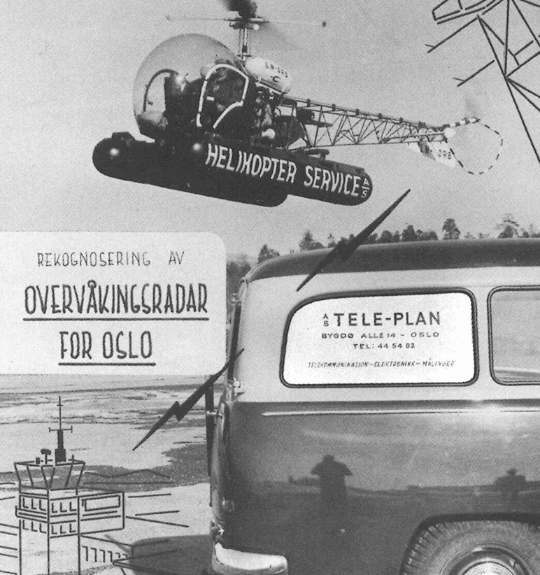Historisk svart-hvitt-kollasj med et helikopter merket «Helikopter Service», en Tele-Plan-varebil og et skilt om rekognosering av overvåkingsradar for Oslo